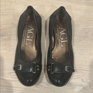 AGL Black Leather Buckle Flats; Made in Italy